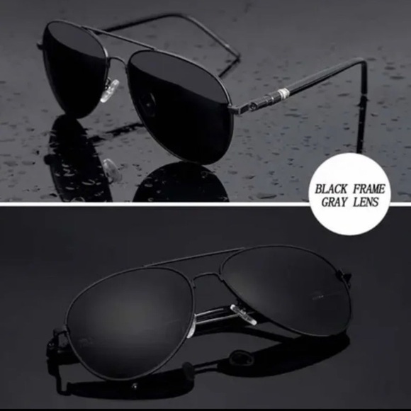 Mens Aviator Sunglasses Black Metal Frame Gray Polarized Lenses New - Picture 5 of 8